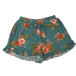 American Eagle Teal Floral Ruffle Hem Shorts Womens‎ XS Elastic Boho Vacation